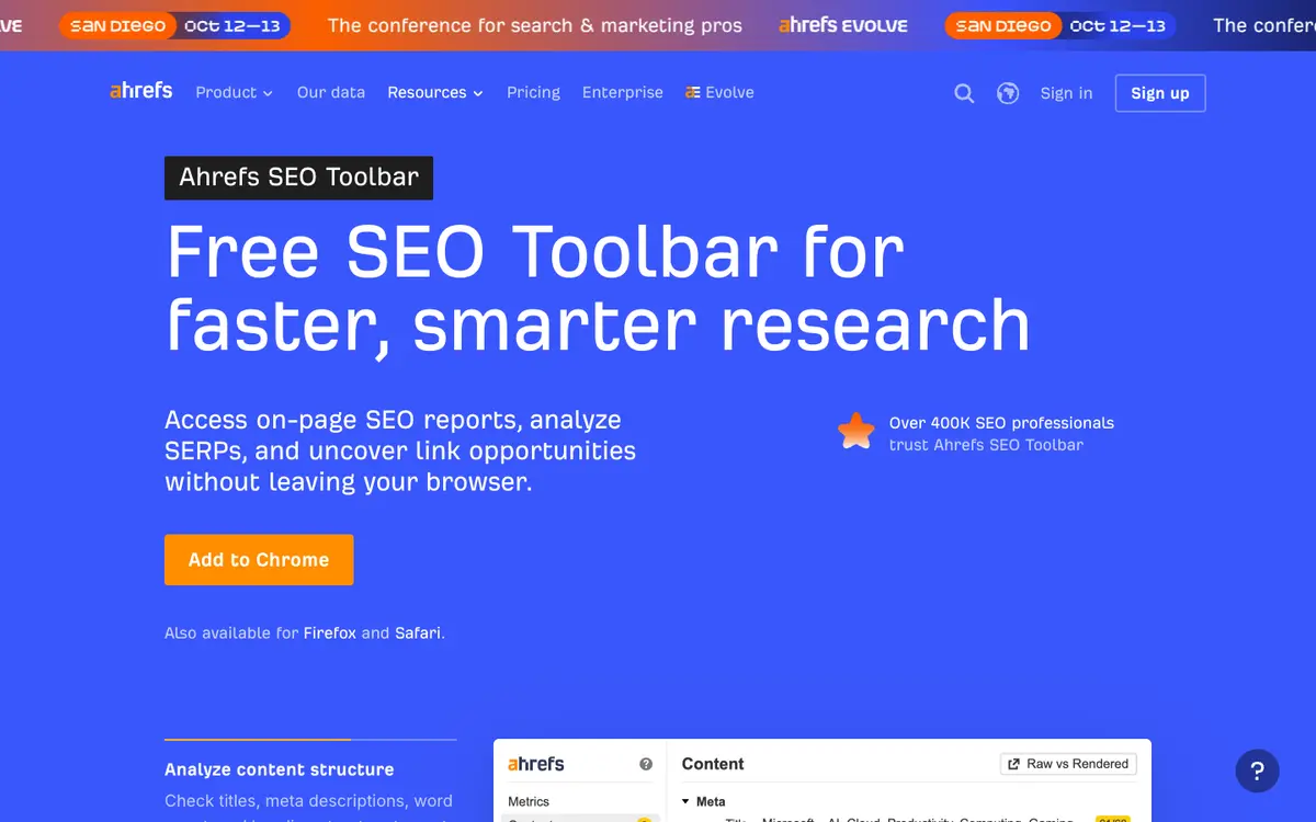 Ahrefs SEO Toolbar home page