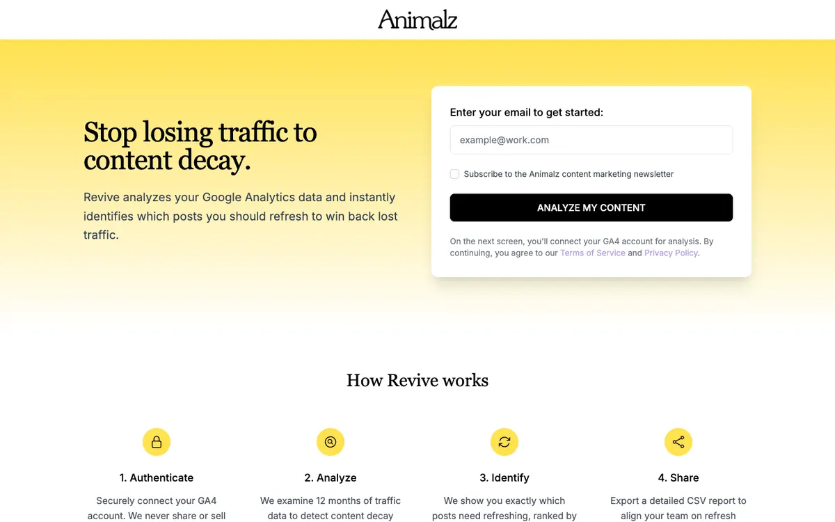 Revive by Animalz home page